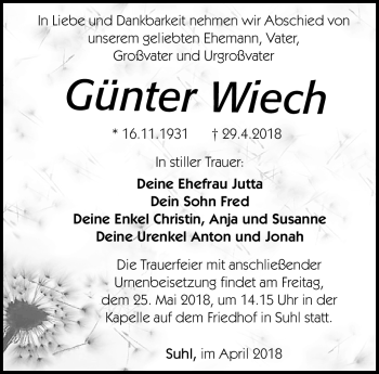 Traueranzeige von Günter Wiech von Südthüringer Presse