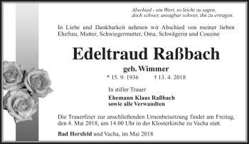 Traueranzeige von Edeltraud Raßbach von Südthüringer Presse