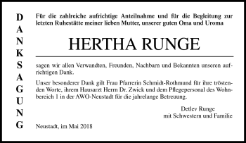 Traueranzeige von Hertha Runge von Neue Presse Coburg