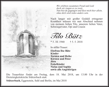 Traueranzeige von Tilo Bätz von Südthüringer Presse