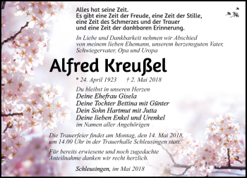 Traueranzeige von Alfred Kreußel von Südthüringer Presse