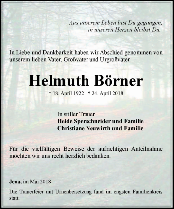 Traueranzeige von Helmuth Börner von Südthüringer Presse
