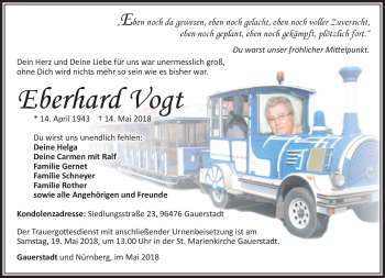 Traueranzeige von Eberhard Vogt von Südthüringer Presse