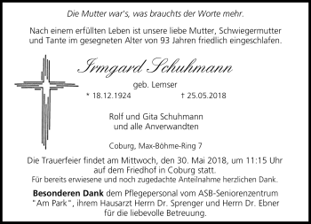 Traueranzeige von Irmgard Schuhmann von Neue Presse Coburg