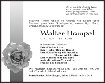 Traueranzeige von Walter Hampel von Südthüringer Presse