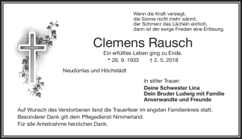 Traueranzeige von Clemens Rausch von Frankenpost