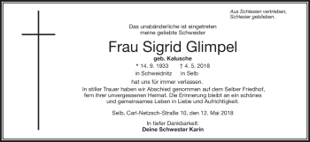 Traueranzeige von Sigrid Glimpel von Frankenpost