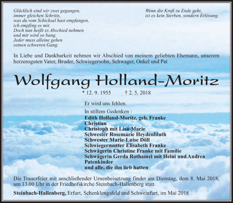  Traueranzeige für Wolfgang Holland-Moritz vom 05.05.2018 aus Südthüringer Presse