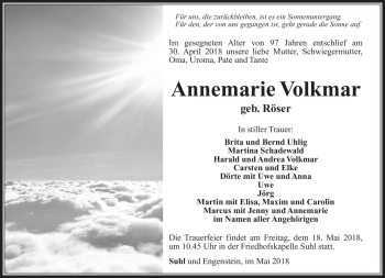 Traueranzeige von Annemarie Volkmar von Südthüringer Presse
