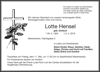 Traueranzeige von Lotte Hensel von Frankenpost