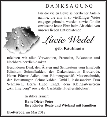 Traueranzeige von Lucie Wedel von Südthüringer Presse