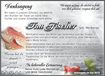 Traueranzeige von Ina Fischer von Südthüringer Presse