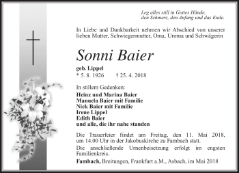 Traueranzeige von Sonni Baier von Südthüringer Presse