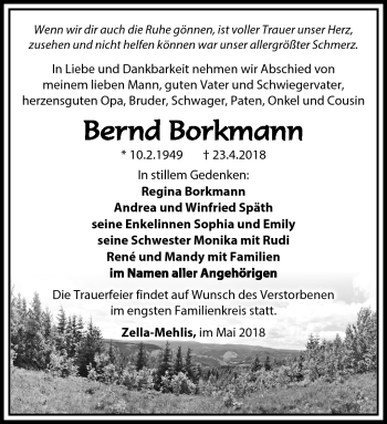 Traueranzeige von Bernd Borkmann von Südthüringer Presse