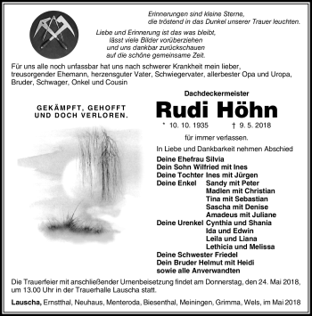 Traueranzeige von Rudi Höhn von Südthüringer Presse