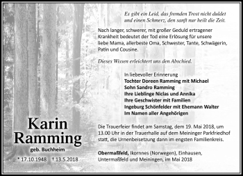 Traueranzeige von Karin Ramming von Südthüringer Presse