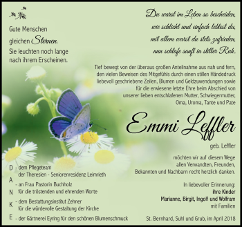 Traueranzeige von Emmi Leffler von Südthüringer Presse