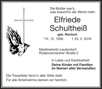 Traueranzeige von Elfriede Schultheiß von Frankenpost