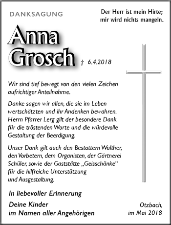 Traueranzeige von Anna Grosch von Südthüringer Presse