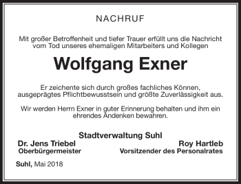 Traueranzeige von Wolfgang Exner von Südthüringer Presse