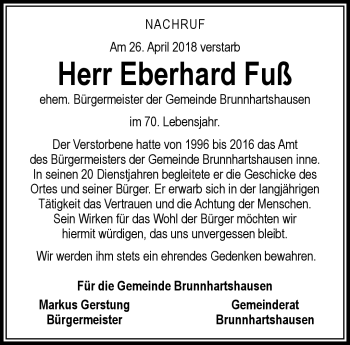 Traueranzeige von Eberhard Fuß von Südthüringer Presse