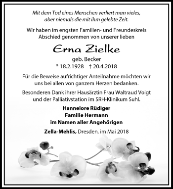Traueranzeige von Erna Zielke von Südthüringer Presse