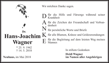 Traueranzeige von Hans-Joachim Wagner von Südthüringer Presse