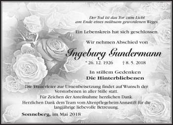 Traueranzeige von Ingeburg Gundermann von Südthüringer Presse