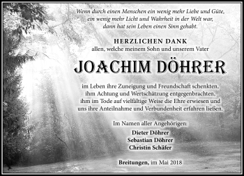 Traueranzeige von Joachim Döhrer von Südthüringer Presse