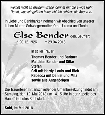 Traueranzeige von Else Bender von Südthüringer Presse