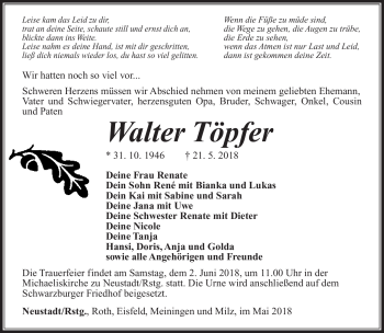 Traueranzeige von Walter Töpfer von Südthüringer Presse