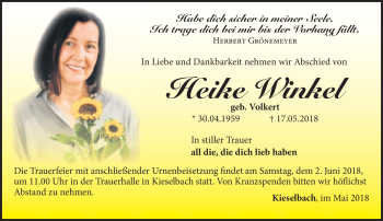 Traueranzeige von Heike Winkel von Südthüringer Presse