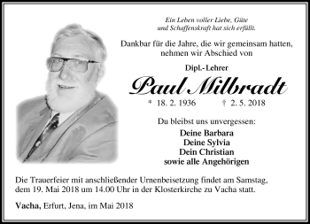 Traueranzeige von Paul Milbradt von Südthüringer Presse