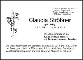 Traueranzeige von Claudia Strößner von Frankenpost