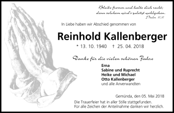 Traueranzeige von Reinhold Kallenberger von Neue Presse Coburg