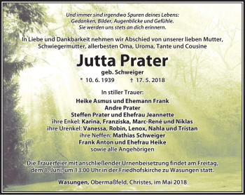 Traueranzeige von Jutta Prater von Südthüringer Presse