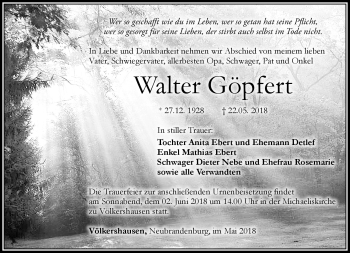 Traueranzeige von Walter Göpfert von Südthüringer Presse