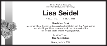 Traueranzeige von Lisa Seidel von Südthüringer Presse
