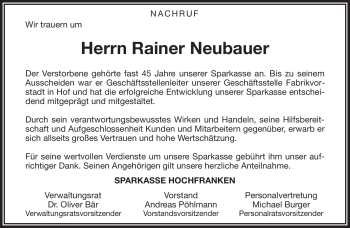 Traueranzeige von Rainer Neubauer von Frankenpost