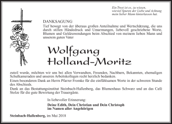 Traueranzeige von Wolfgang Holland-Moritz von Südthüringer Presse