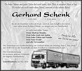 Traueranzeige von Gerhard Schenk von Südthüringer Presse