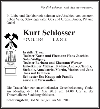 Traueranzeige von Kurt Schlosser von Südthüringer Presse