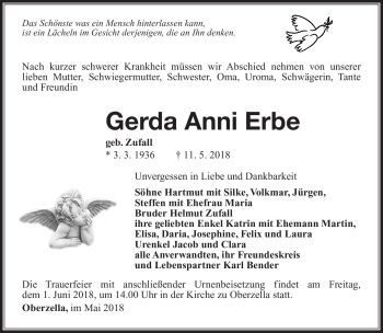 Traueranzeige von Gerda Erbe von Südthüringer Presse