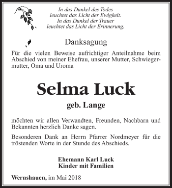 Traueranzeige von Selma Luck von Südthüringer Presse