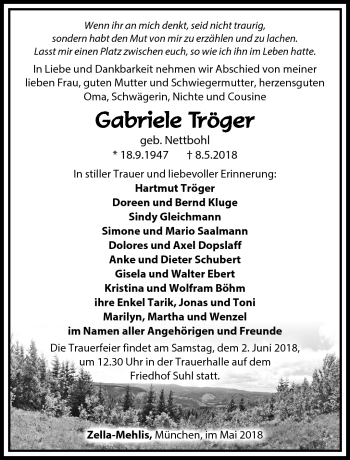 Traueranzeige von Gabriele Tröger von Südthüringer Presse