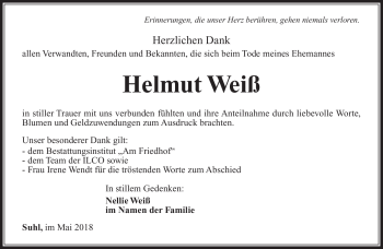 Traueranzeige von Helmut Weiß von Südthüringer Presse