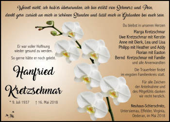 Traueranzeige von Hanfried Kretzschmar von Südthüringer Presse