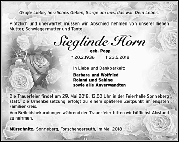 Traueranzeige von Sieglinde Horn von Südthüringer Presse