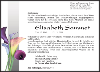 Traueranzeige von Elisabeth Sammet von Südthüringer Presse