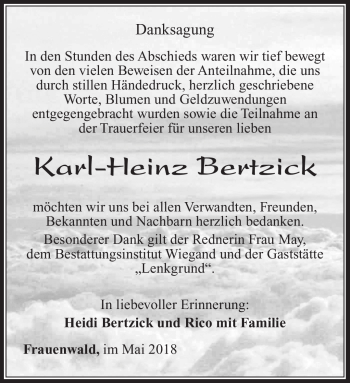 Traueranzeige von Karl-Heinz Bertzick von Südthüringer Presse